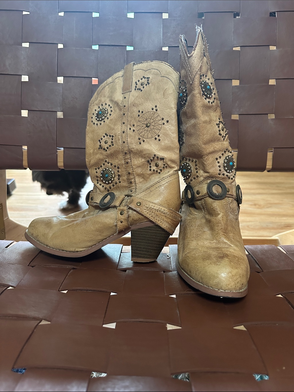 Dingo Tan Western Booties With Turquoise Stud Details